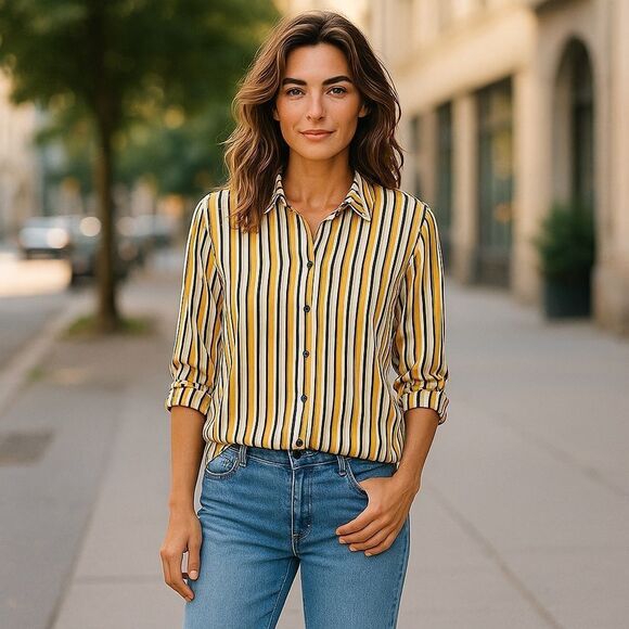 Adrianna Papell Yellow Gold Button Down Shirt with Notched Collar - Picture 1 of 7